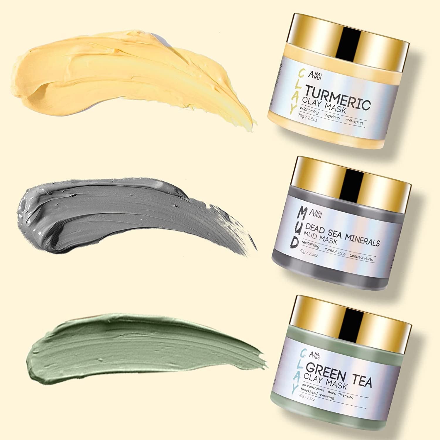 Anairui Masque Visage Au Curcuma - Masque D'Argile Détox Au Thé Vert - Masque De Boue Aux Minéraux De La Mer Morte, Masques Visage Kit, Nettoyer Et Détoxifie, 210G